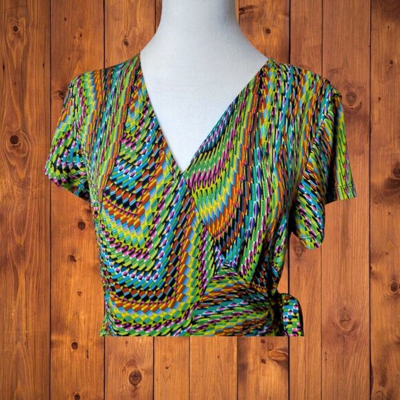 Emma & Michele Women's Medium Short Sleeve Wrap Dress Colorful Artsy Boho - Picture 2 of 6